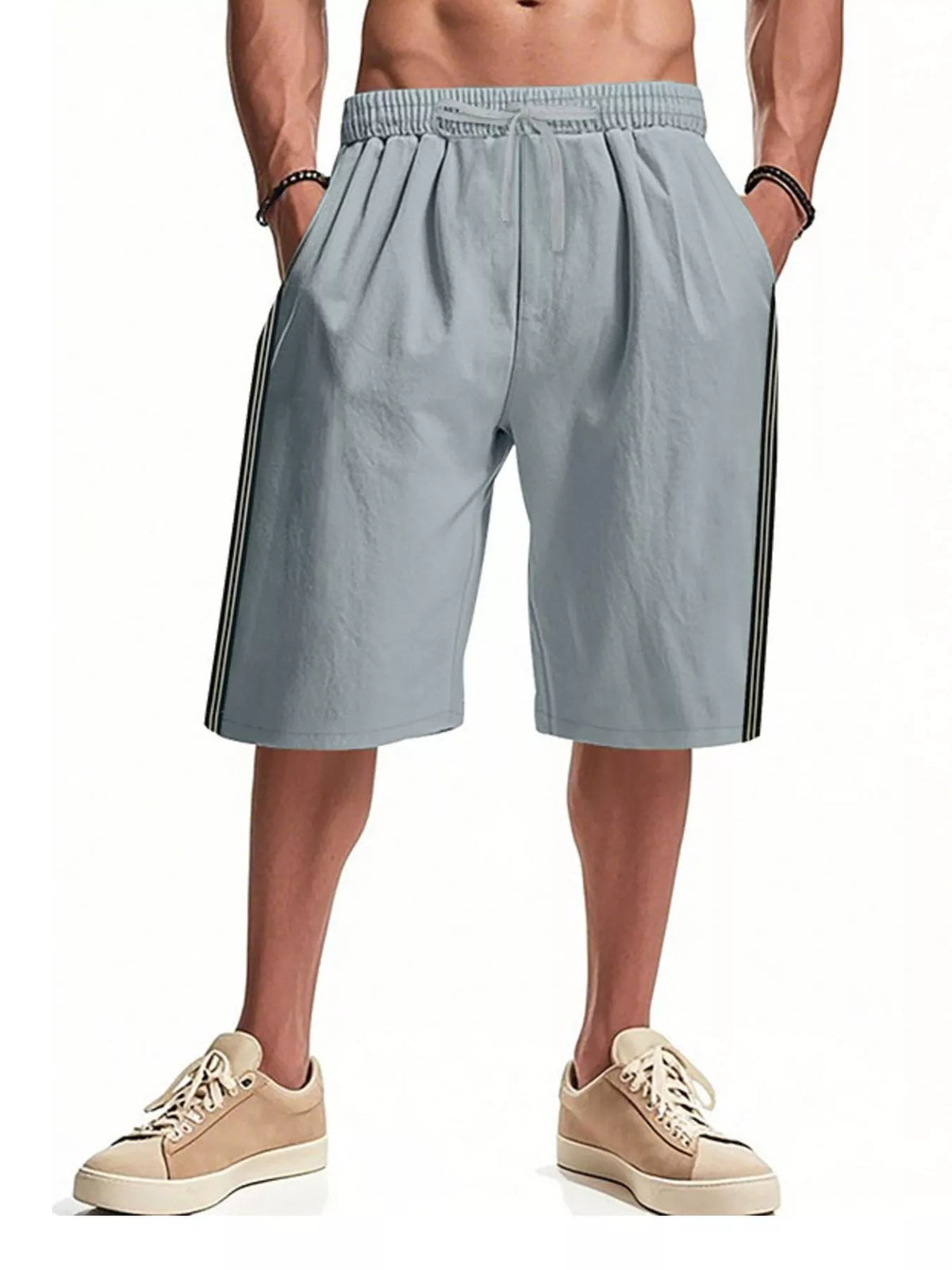 Men's Full Size Casual Striped Shorts Plus Size in Grey