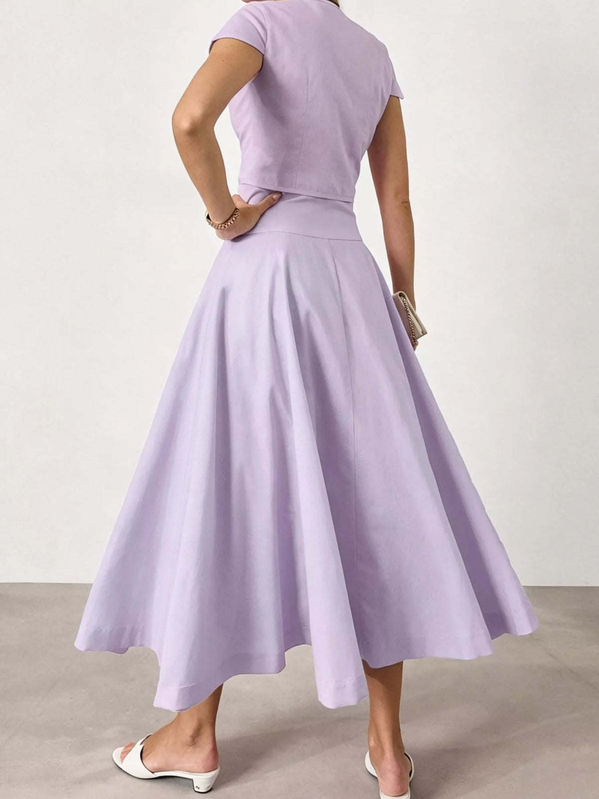 Cap Sleeve Button-Down Crop Top and Midi Skirt Set, view 21