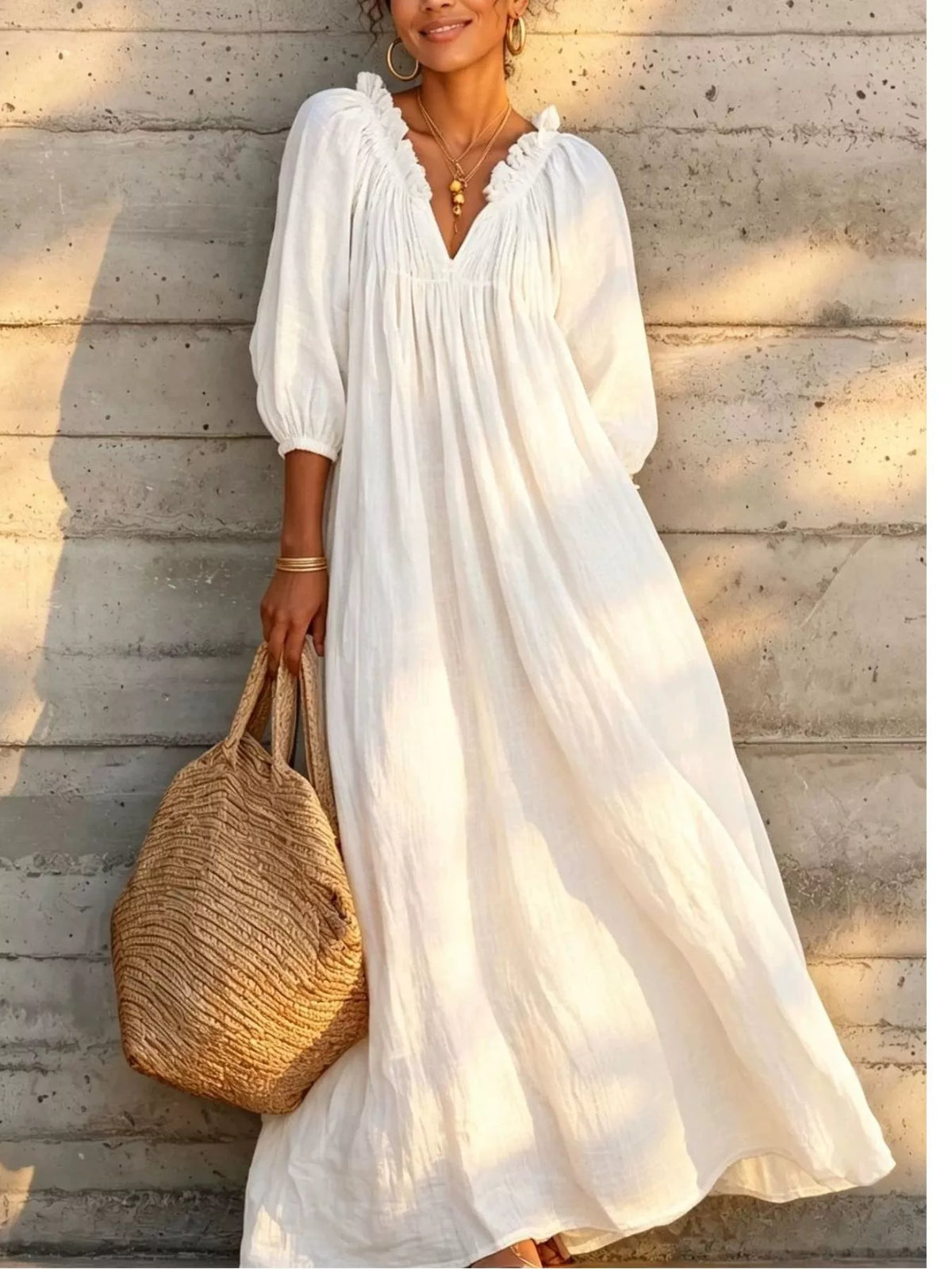 Tiered Notched 3/4 Sleeve Maxi Dress - Lilixa.store