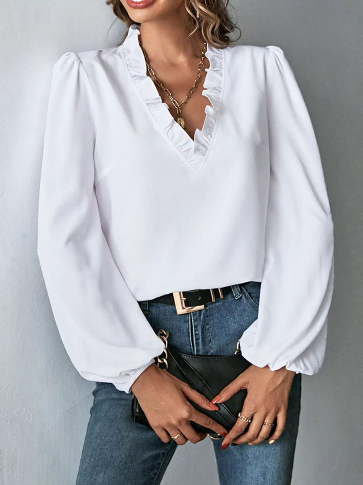 Ruffled Trim V-Neck Blouse - Lilixa.store