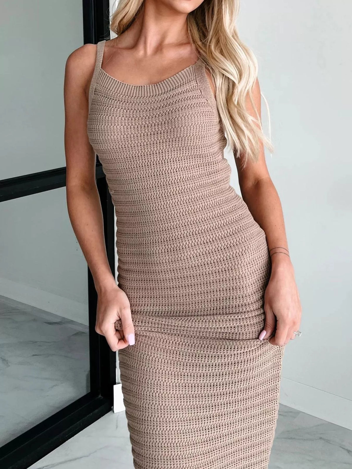 Sleeveless Knit Bodycon Sweater Dress in Camel, view 4