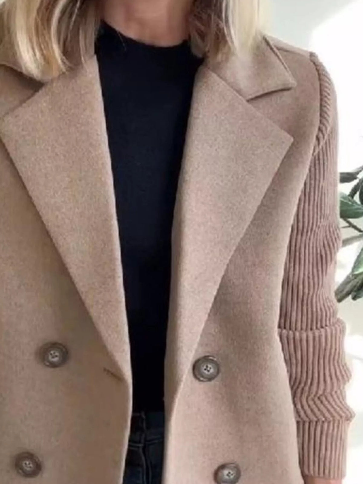 Full Size Knitted Sleeve Wool Blend Double-Breasted Blazer Plus Size - Lilixa.store