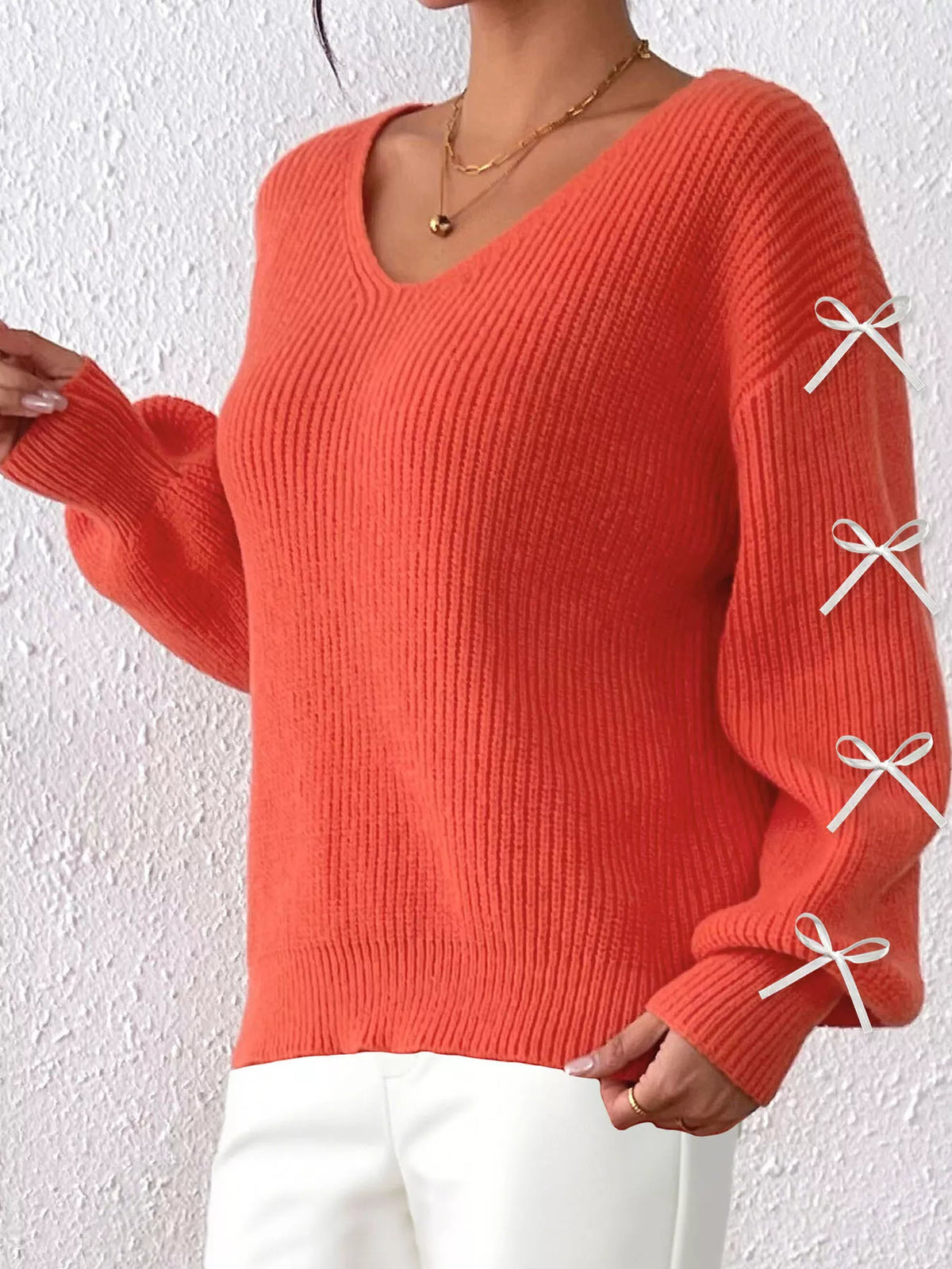 Bow-Tie Sleeve V-Neck Sweater - Lilixa.store