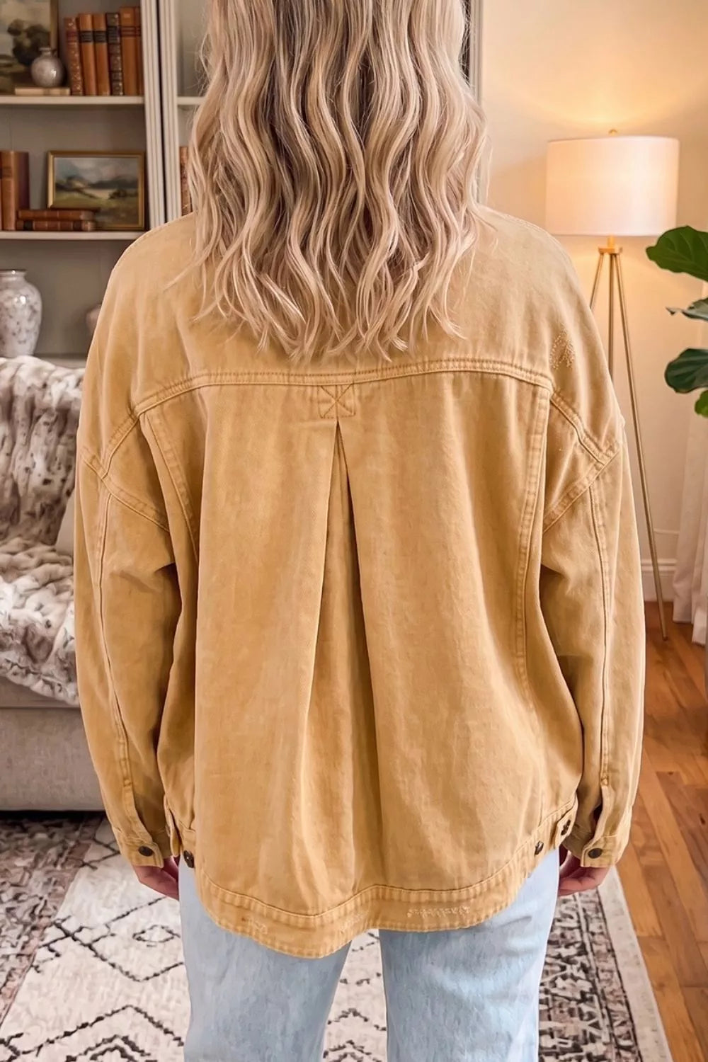 Metal Button Front Long Sleeve Collar Denim Jacket in Tan, view 2