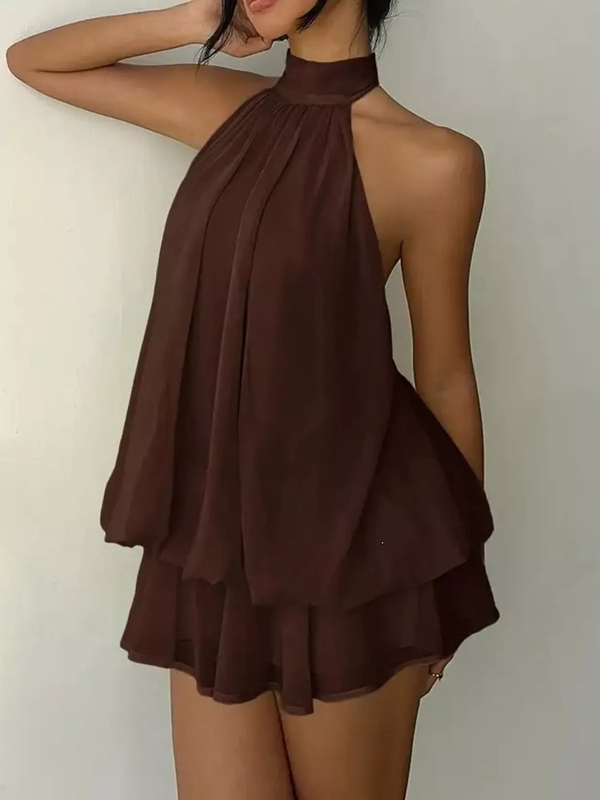 Halter Neck Ruched Mini Dress in Brown