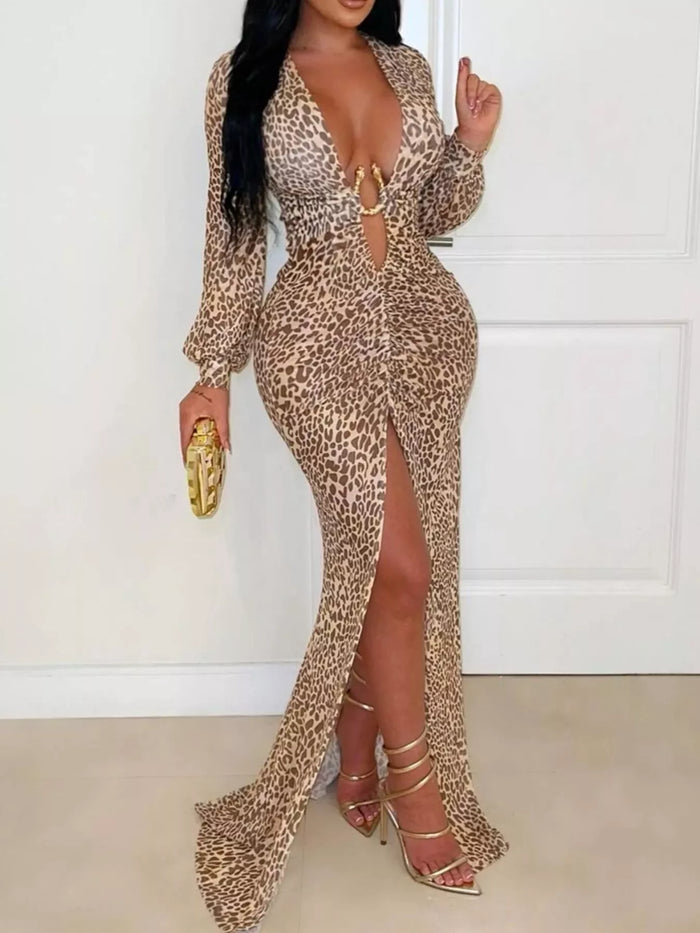 Leopard Print Deep V-Neck Long Sleeve High Slit Maxi Dress
