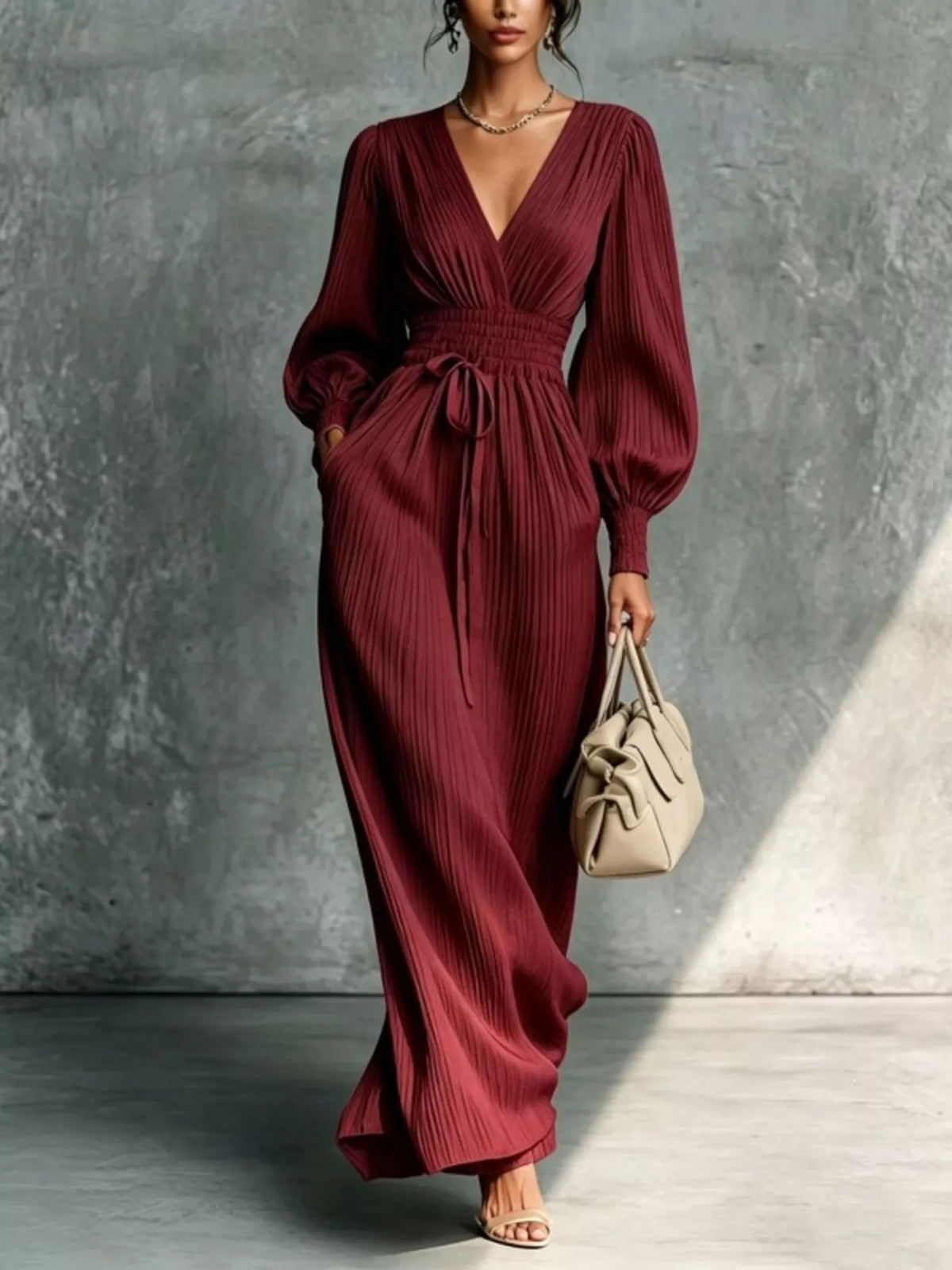Elegant Pleated V-Neck Maxi Dress with Lantern Sleeves and Tie-Waist, view 5