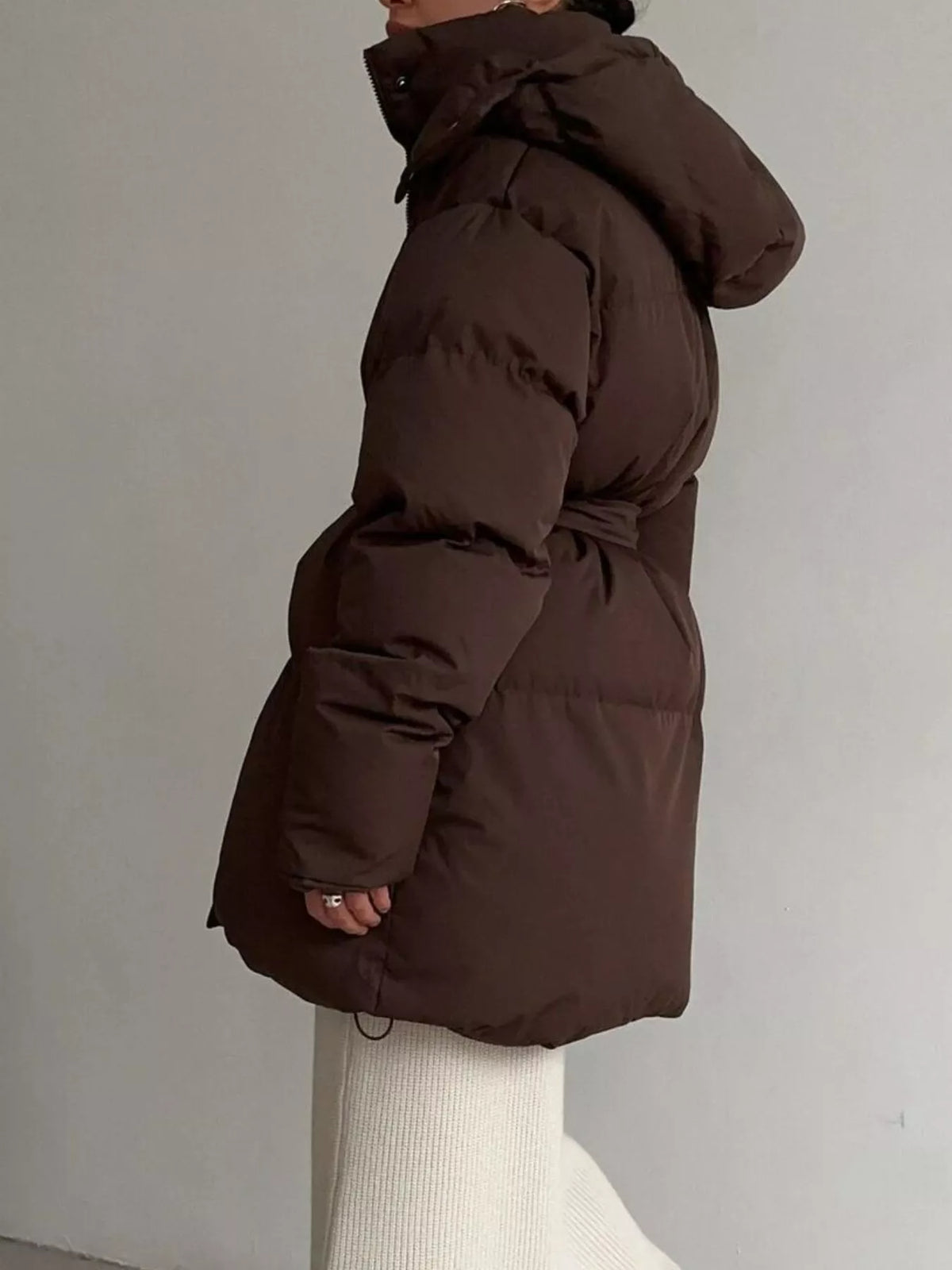 Mid-Length Thickened Hooded Winter Coat with Belted, view 4