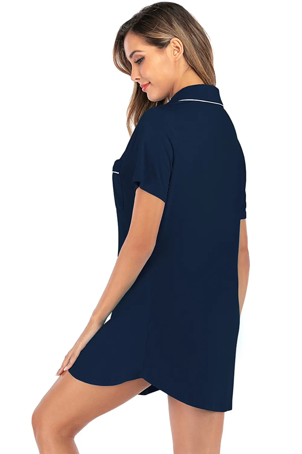 Contrast Piping Pocketed Short Sleeve Lounge Dress - Lilixa.store