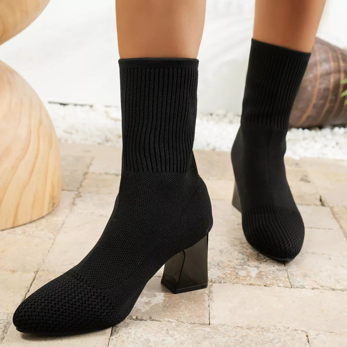 Point Toe Knit Sock Boots with Block Heels - Lilixa.store