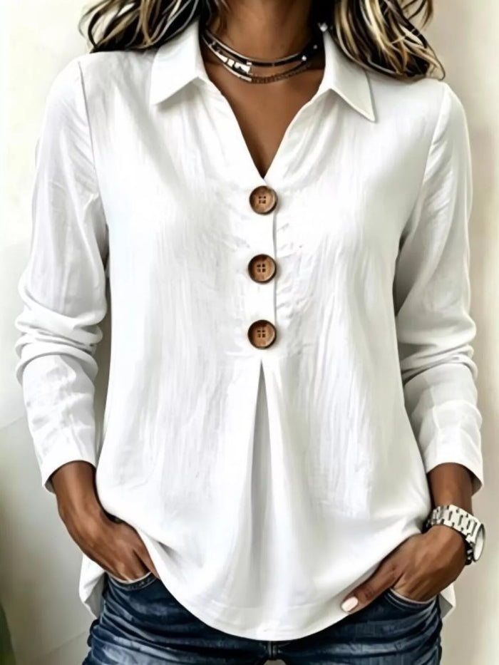 Full Size Button Detail Long Sleeve Blouse Plus Size in White