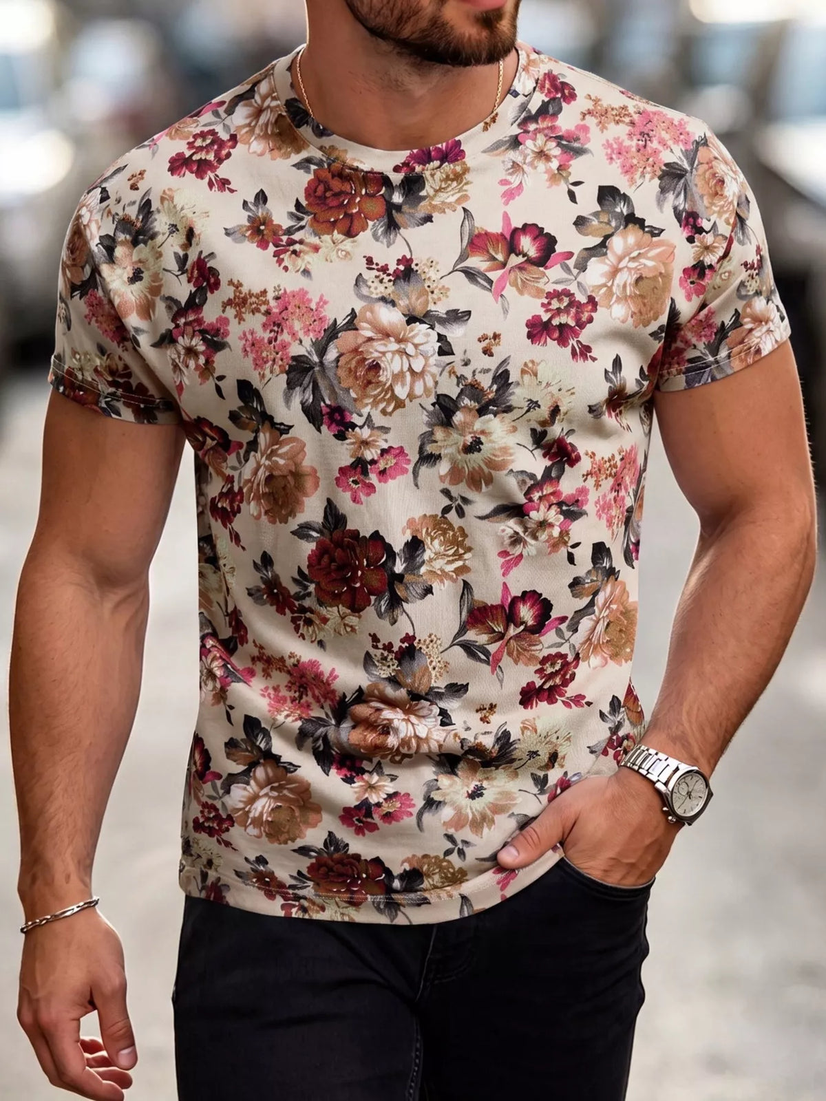 Men's Plus Size Floral Print Slim Fit T-Shirt - Lilixa.store
