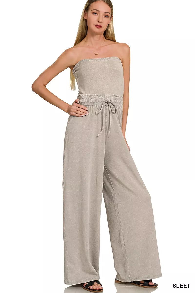 Zenana Acid Washed Strapless Tube Top Jumpsuit - Lilixa.store
