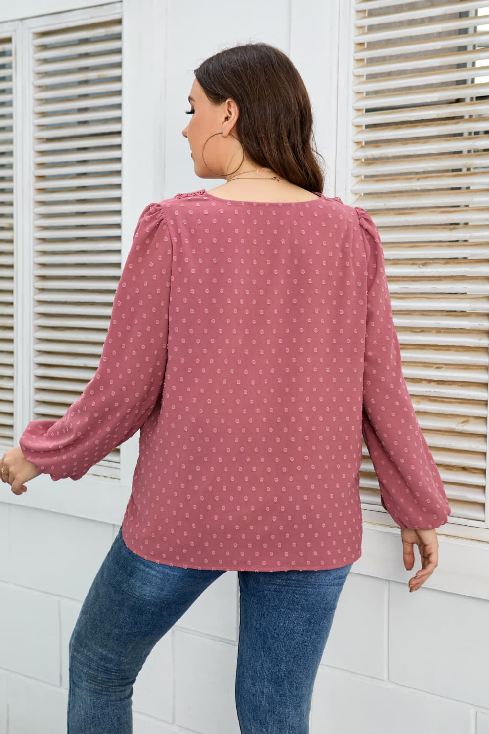 Honey Melo Apparel Plus Size Lace Trim V-Neck Balloon Sleeve Blouse in Dusty Pink, view 2