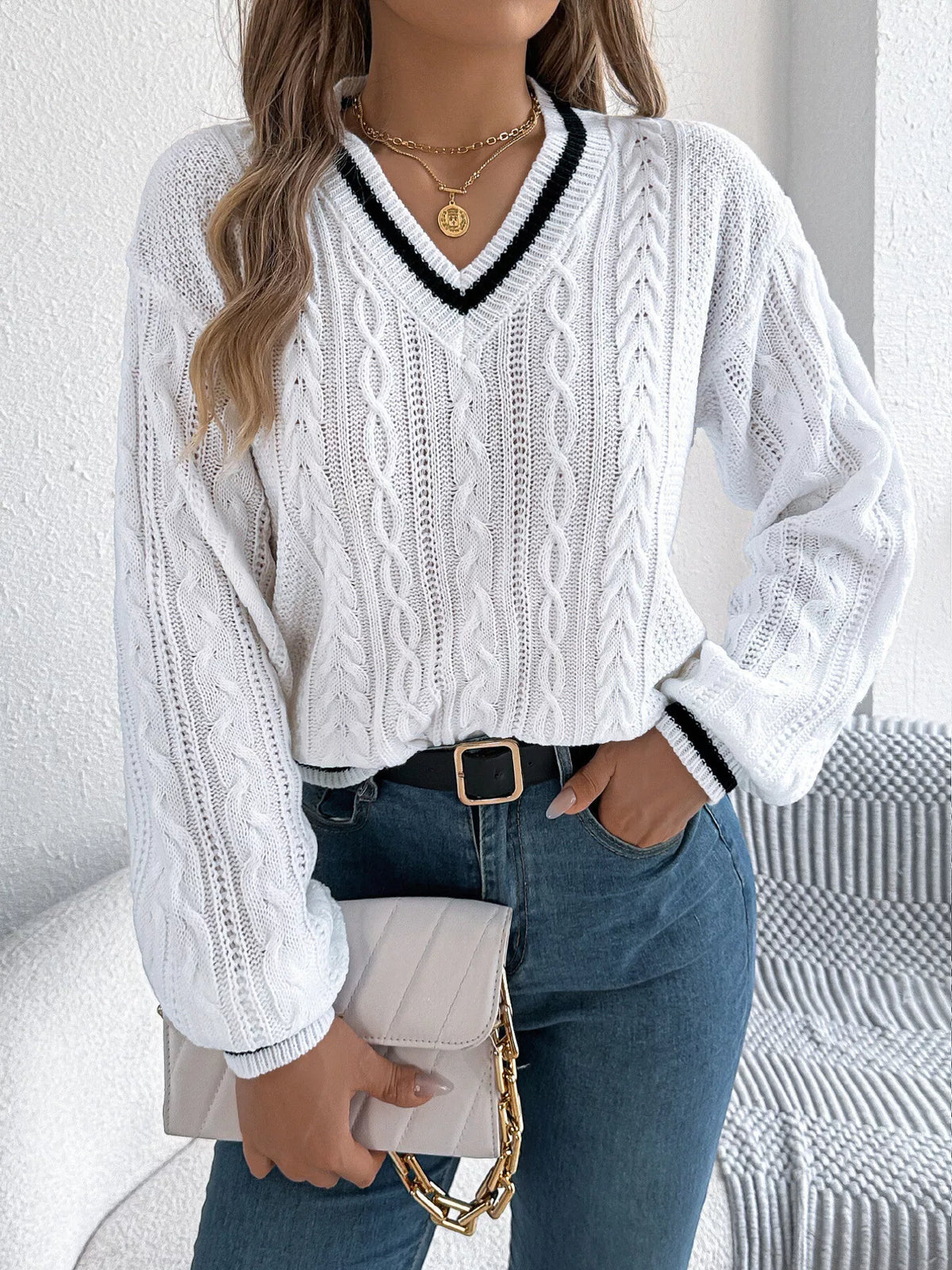 V-Neck Cable Knit Sweater with Striped Trim