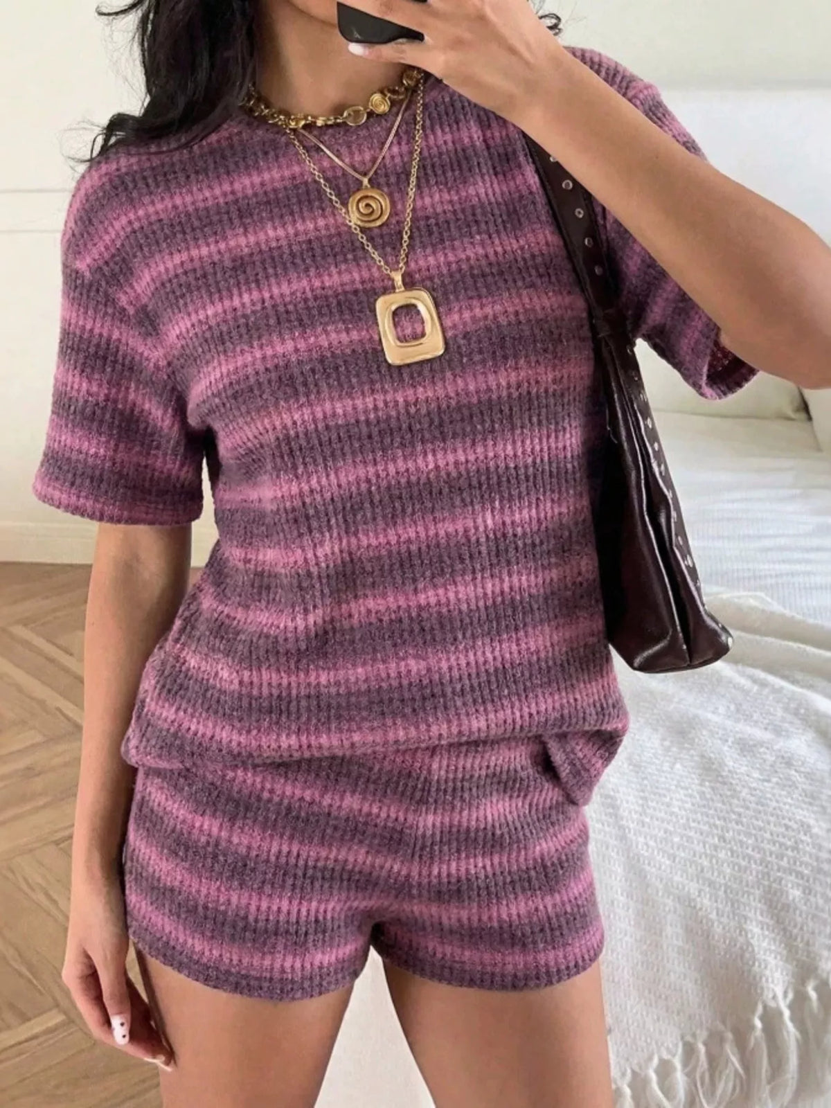 Striped Textured Knit Top and Shorts Set, view 11