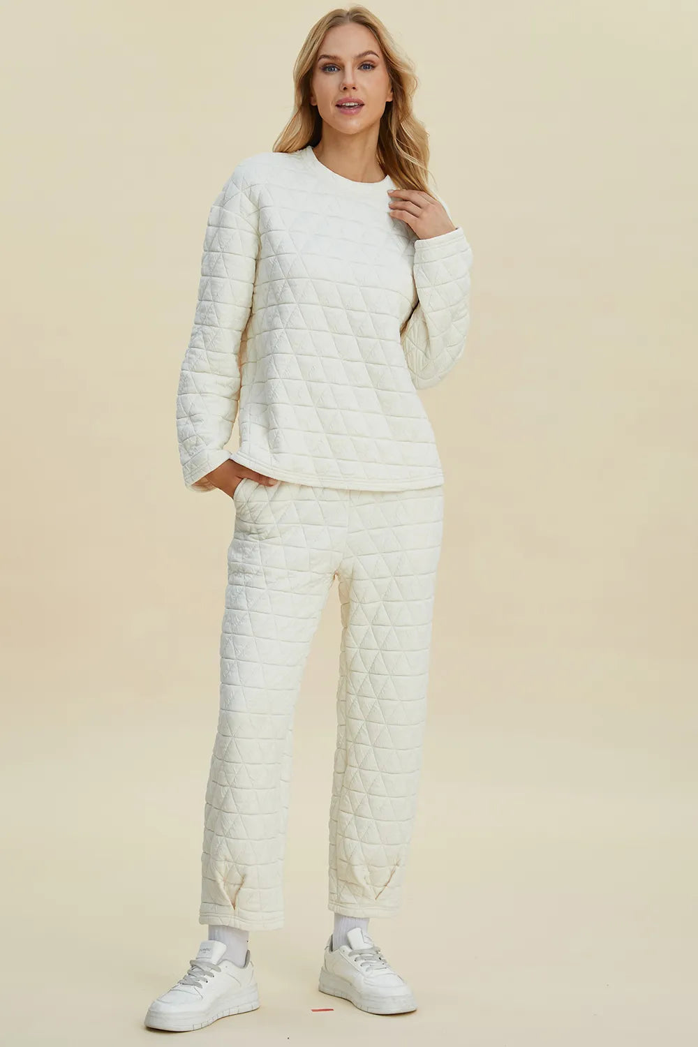 Double Take Full Size Texture Round Neck Long Sleeve Top and Pants Set - Lilixa.store