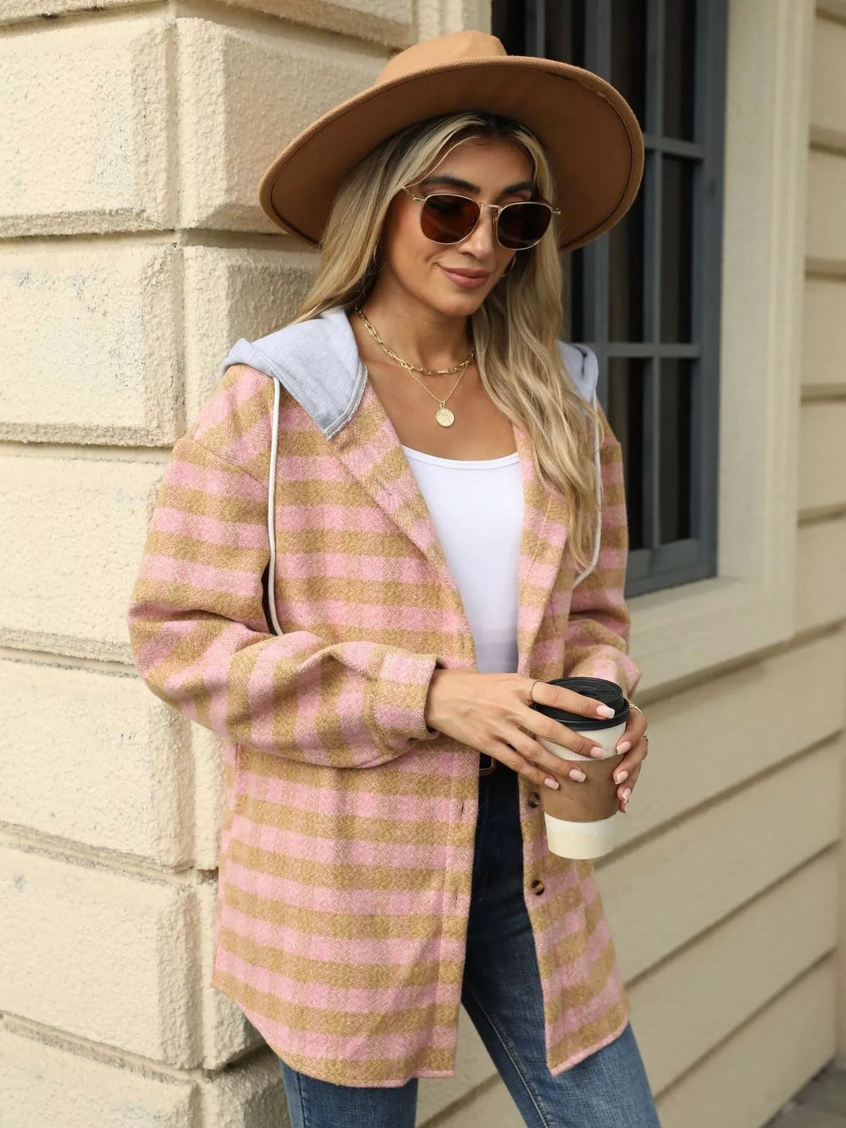 Plaid Button Up Long Sleeve Drawstring Hooded Jacket, view 17