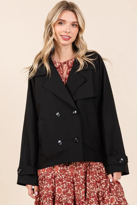 Mittoshop Double Breasted Long Sleeve Trench Coat Jacket in Black, view 2