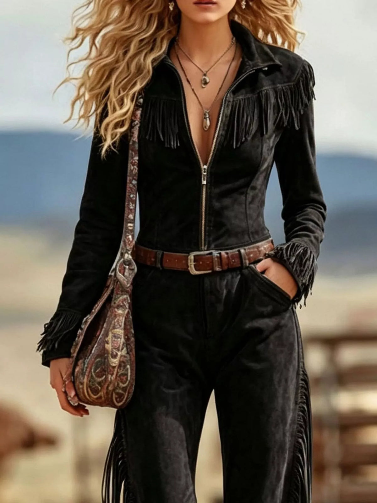 Western-Inspired Suede Fringe Jumpsuit with Zipper Front