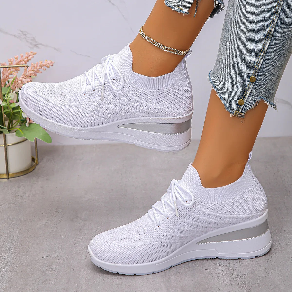 Mesh Lace Up Wedge Athletic - Lilixa.store