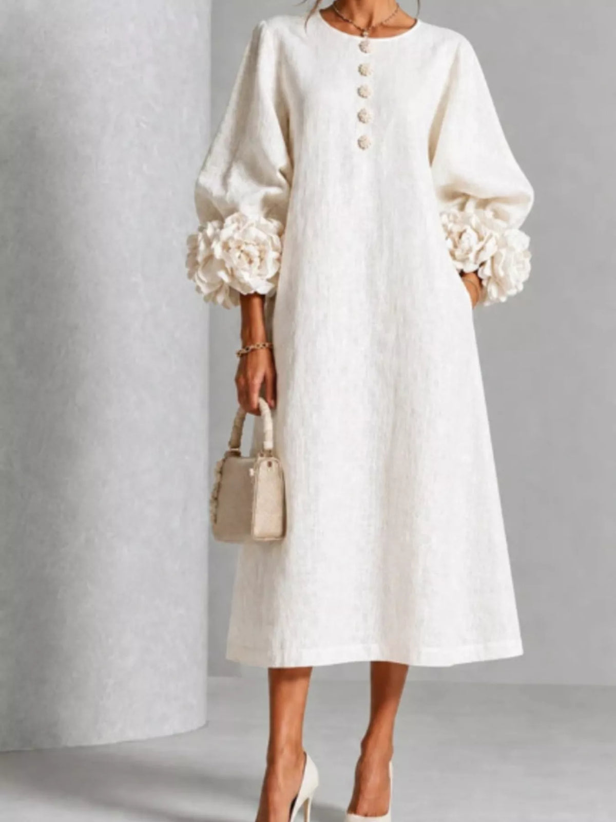 3D Floral Round Neck Midi Dress