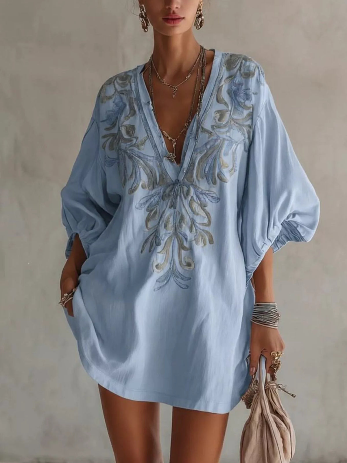 Full Size Embroidered V-Neck Mini Dress Plus Size - Lilixa.store