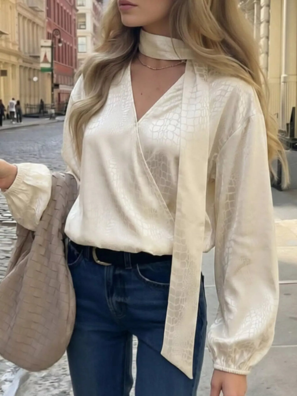 Crocodile-Embossed Surplice Balloon Sleeve Blouse in Beige, view 4
