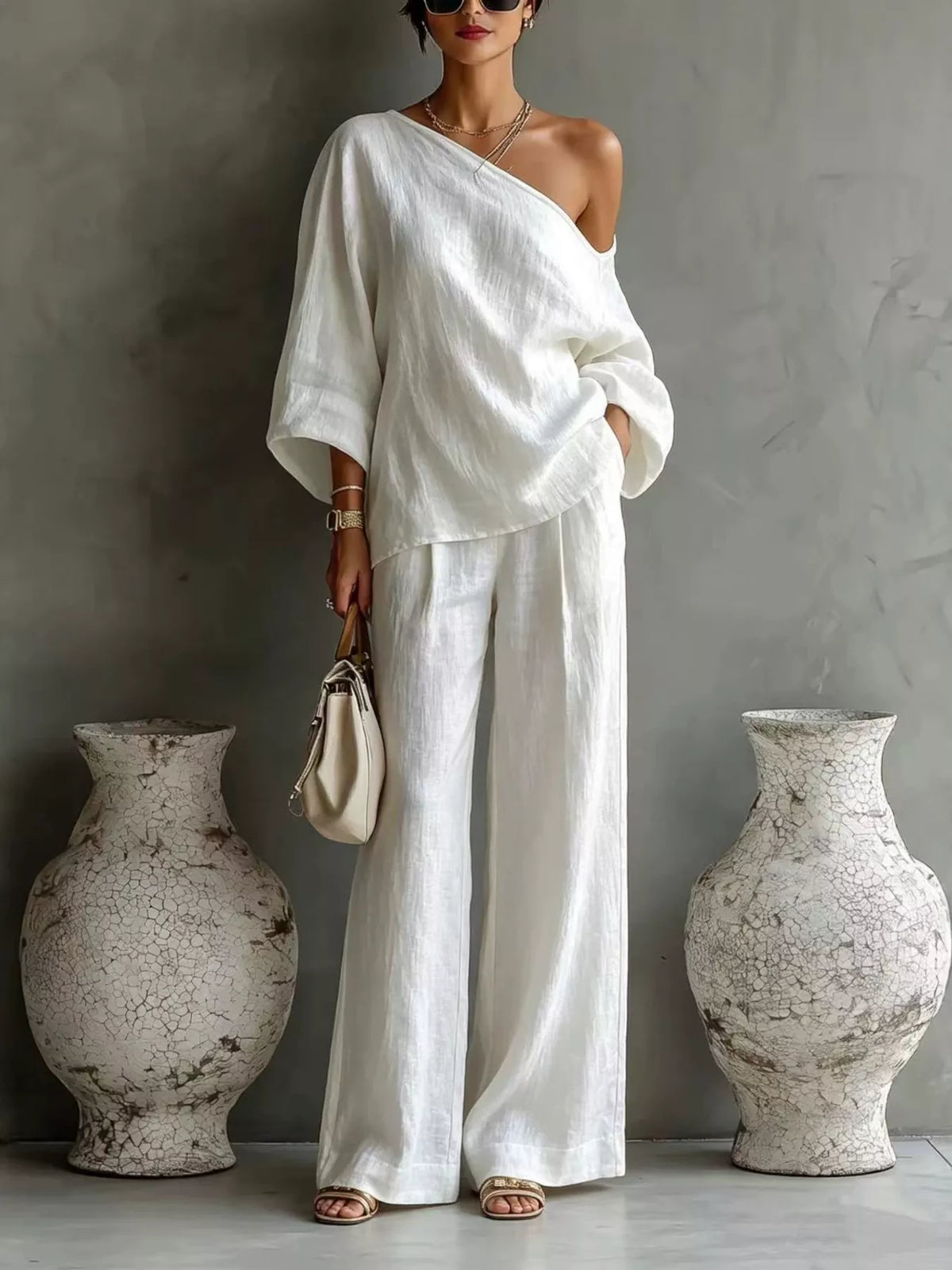 One Shoulder Top and Wide Leg Pants Set - Lilixa.store
