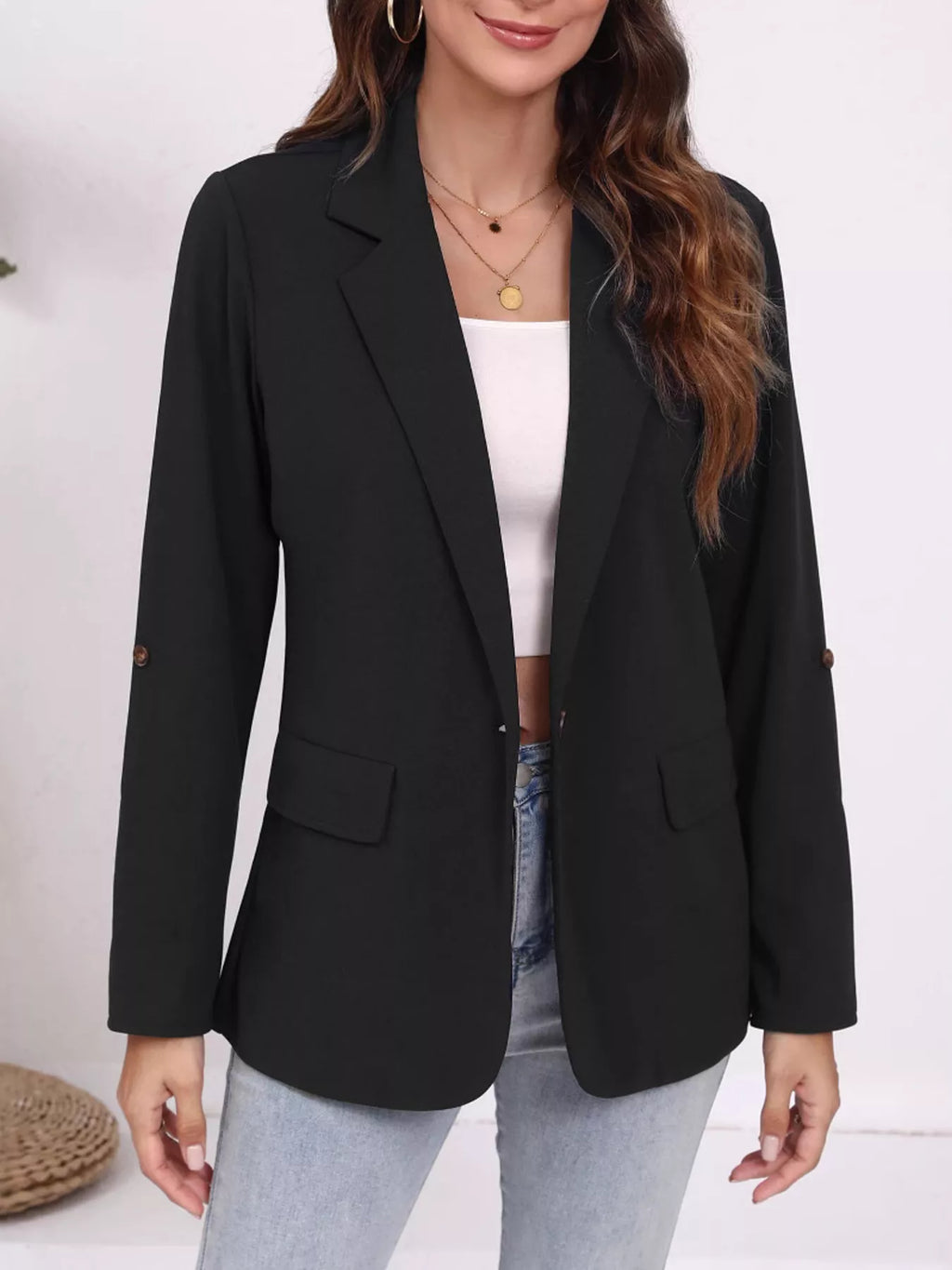 Lapel Collar Roll-Up Sleeve Blazer - Lilixa.store