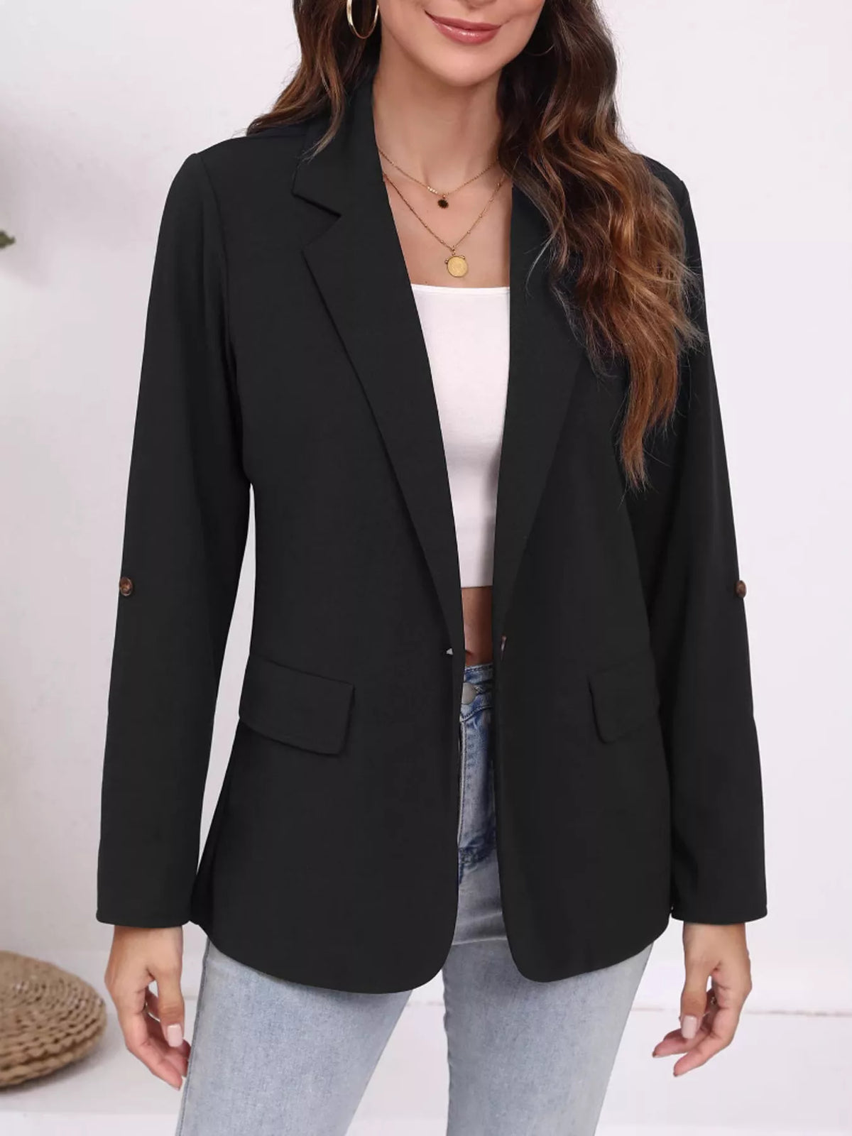 Lapel Collar Roll-Up Sleeve Blazer - Lilixa.store