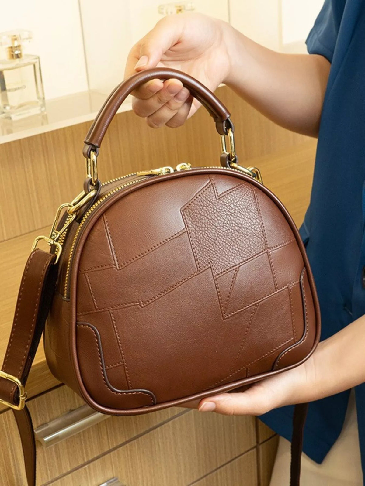 Patchwork Leather Crossbody Bag with Top Handle in Caramel, view 3