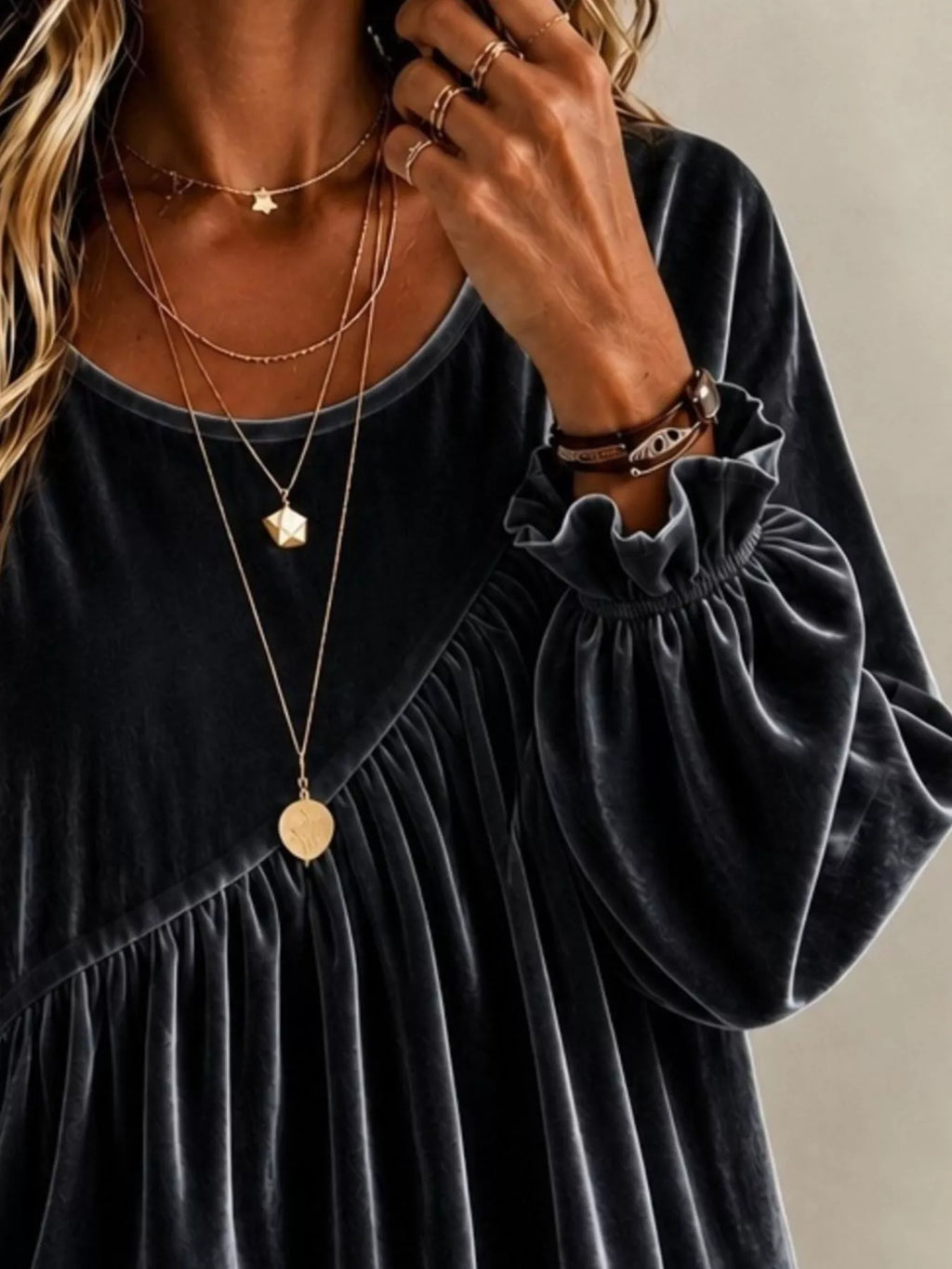 Full Size Velvet Round Neck Long Sleeve Blouse Plus Size - Lilixa.store