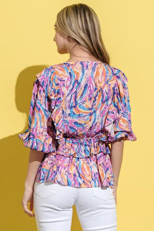 And The Why Printed Lantern Sleeve Blouse - Lilixa.store