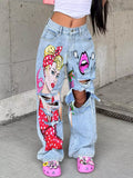 Full Size Art Print Distressed Wide-Leg Jeans Plus Size - Lilixa.store