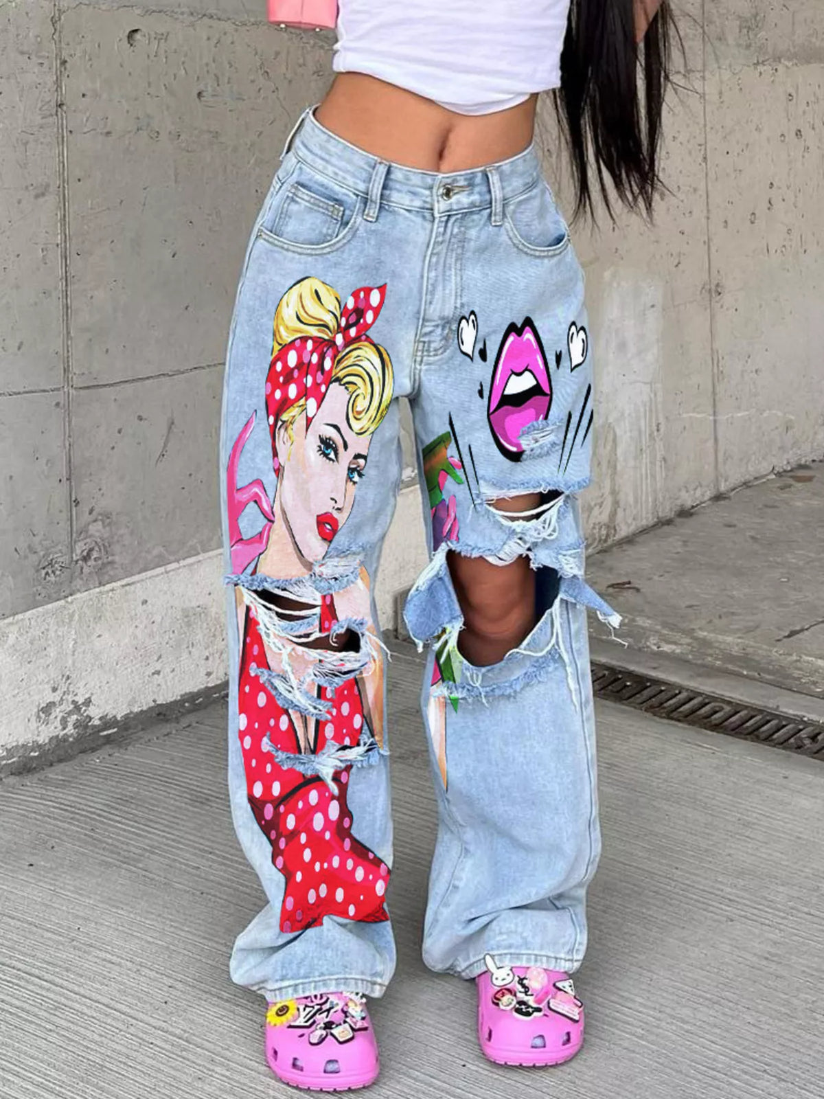 Full Size Art Print Distressed Wide-Leg Jeans Plus Size - Lilixa.store