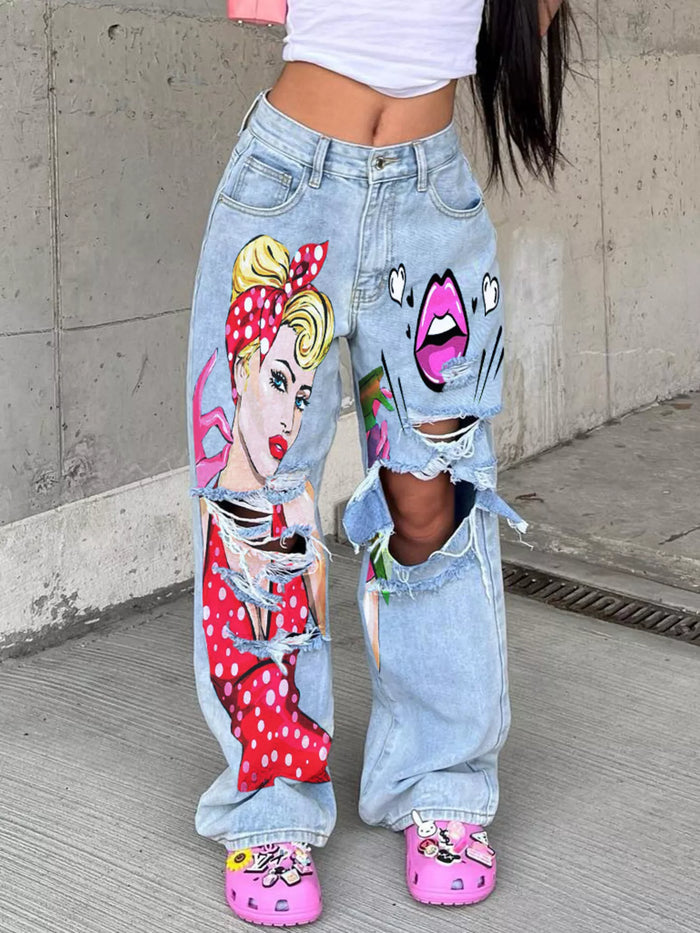 Full Size Art Print Distressed Wide-Leg Jeans Plus Size - Lilixa.store
