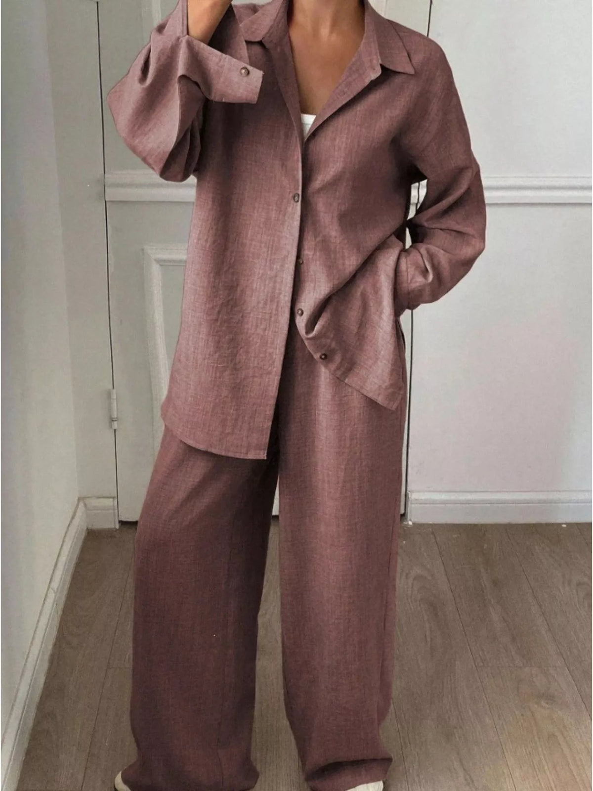 Button-Down Shirt and Wide-Leg Pants Set in Brown