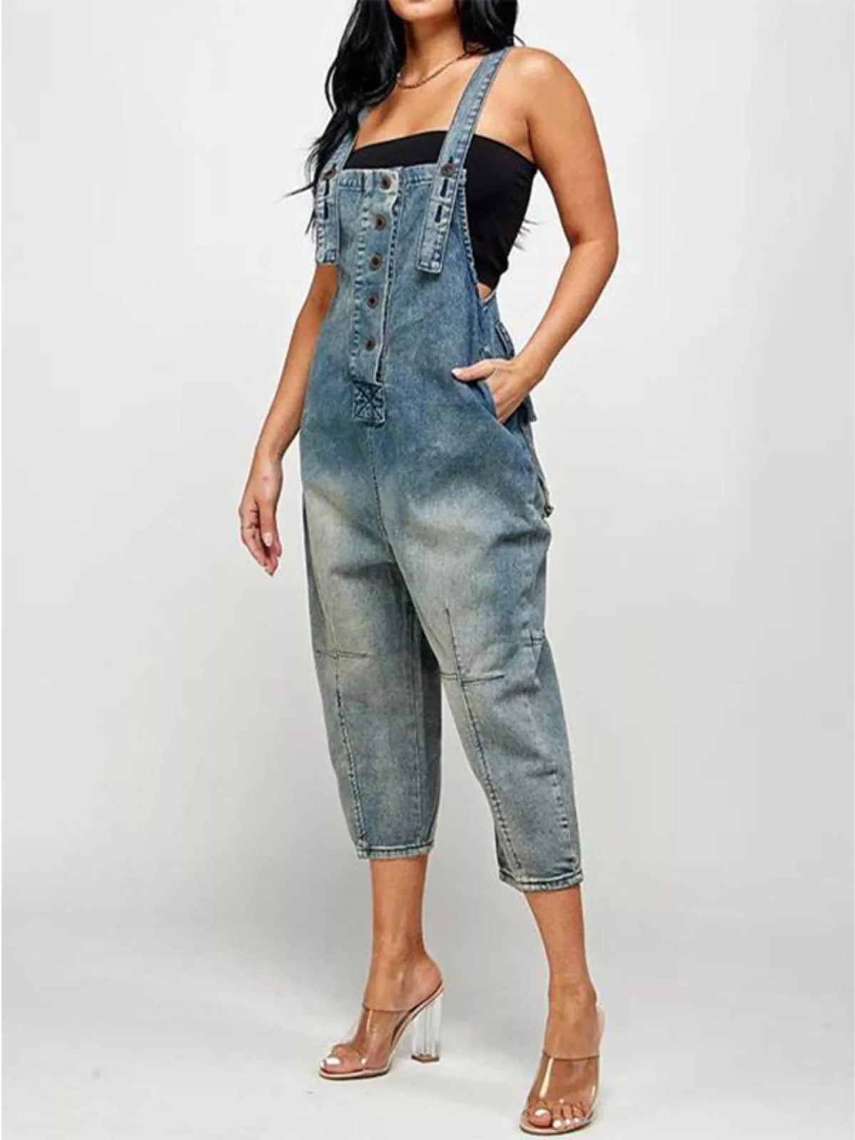 Full Size Button Front Denim Overalls with Pockets Plus Size - Lilixa.store