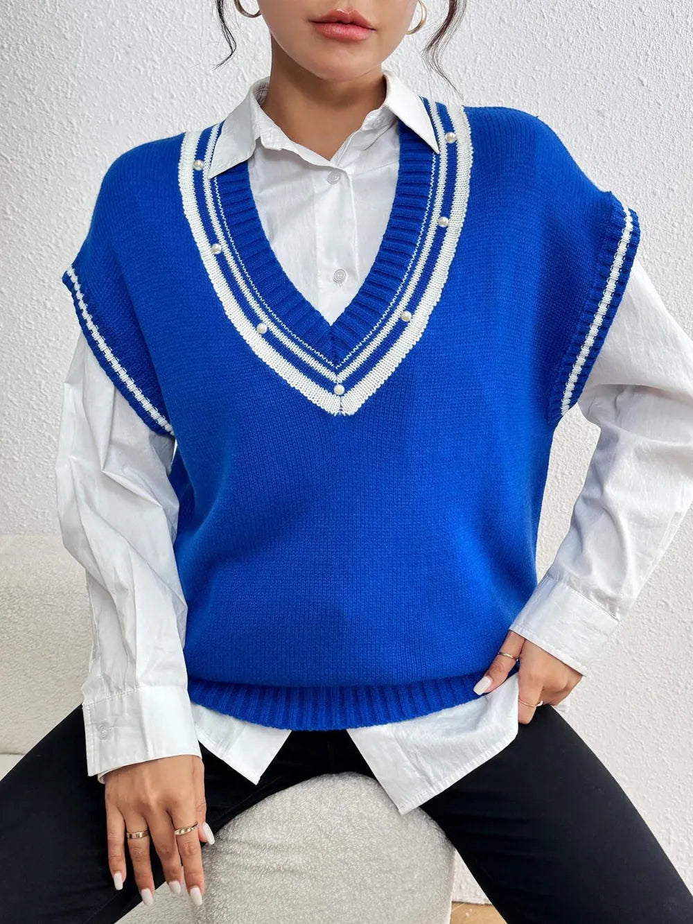 Pearl Trim Contrast V-Neck Sweater Vest, view 13
