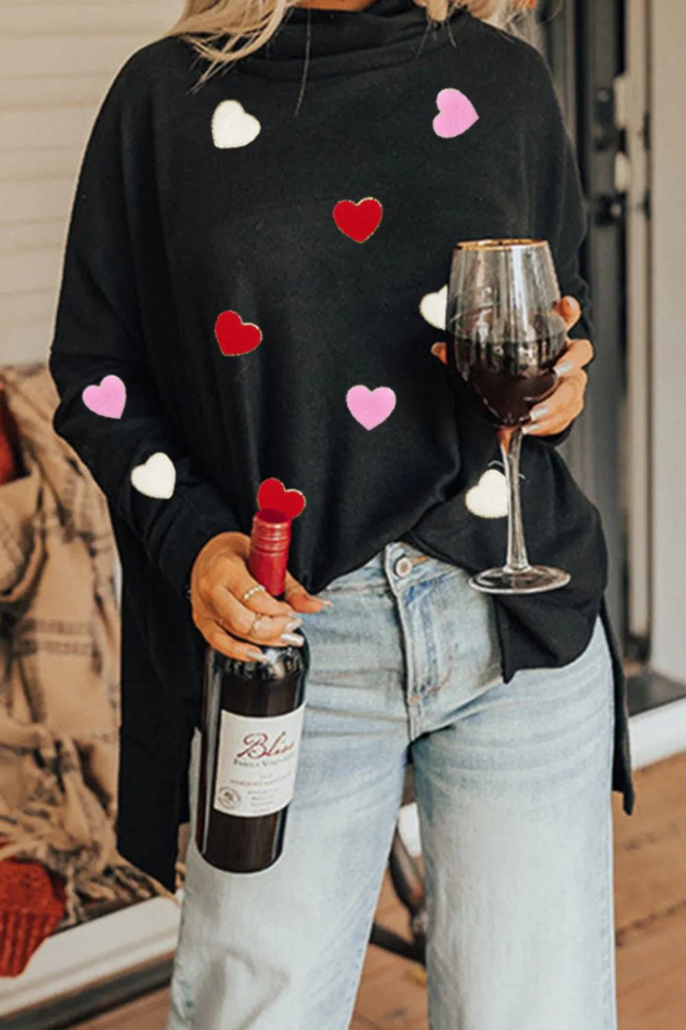 Valentine’s Day Heart Patched Turtleneck Long Sleeve Top - Lilixa.store