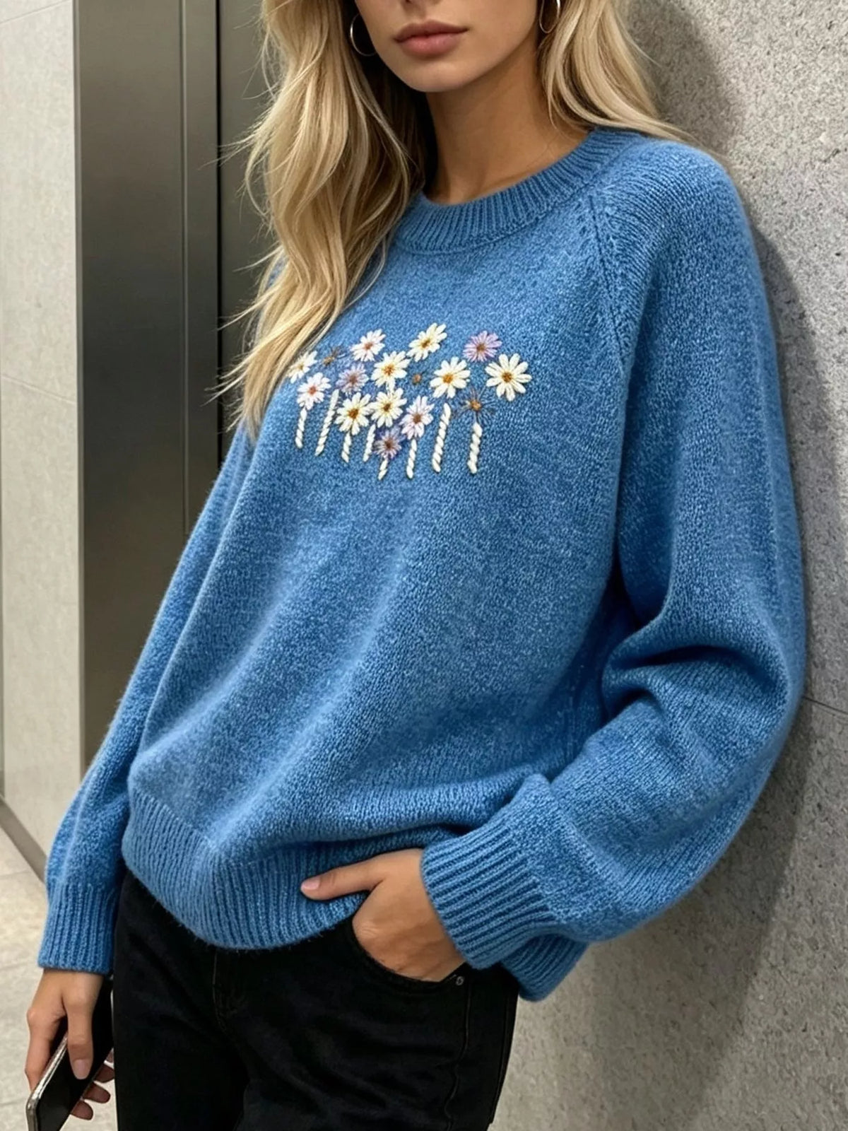 Floral Embroidered Round Neck Sweater, view 9