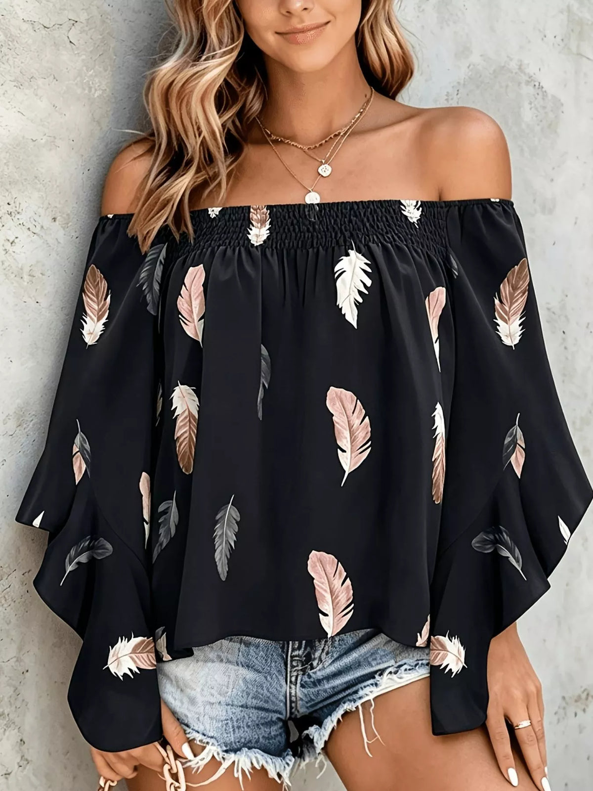 Printed Off Shoulder Blouse in Black