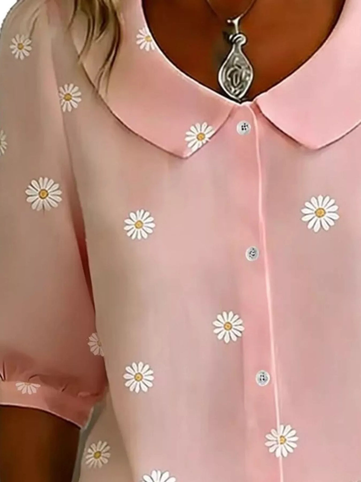 Daisy Print Peter Pan Collar Button-Down Shirt - Lilixa.store