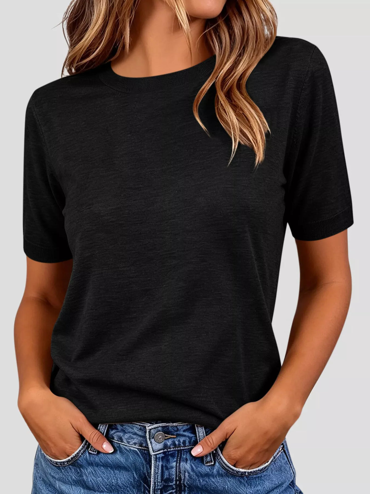 Classic Crew Neck Short Sleeve Knit Top - Lilixa.store