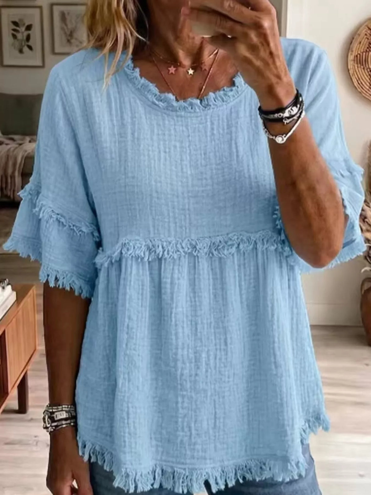 Full Size Frayed Edge Textured Blouse Plus Size in Light Blue