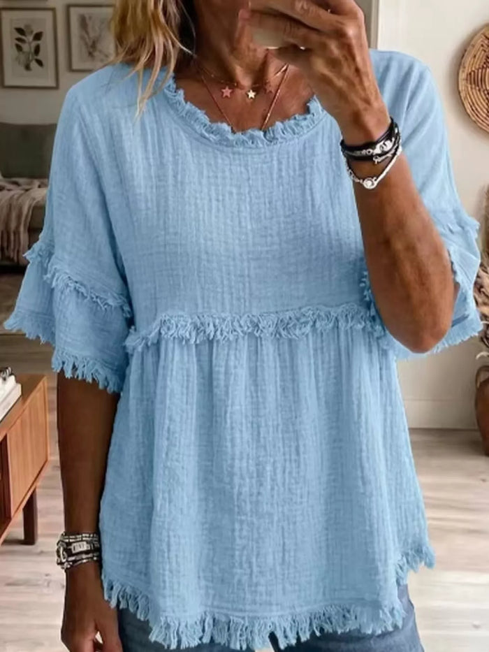 Full Size Frayed Edge Textured Blouse Plus Size in Light Blue