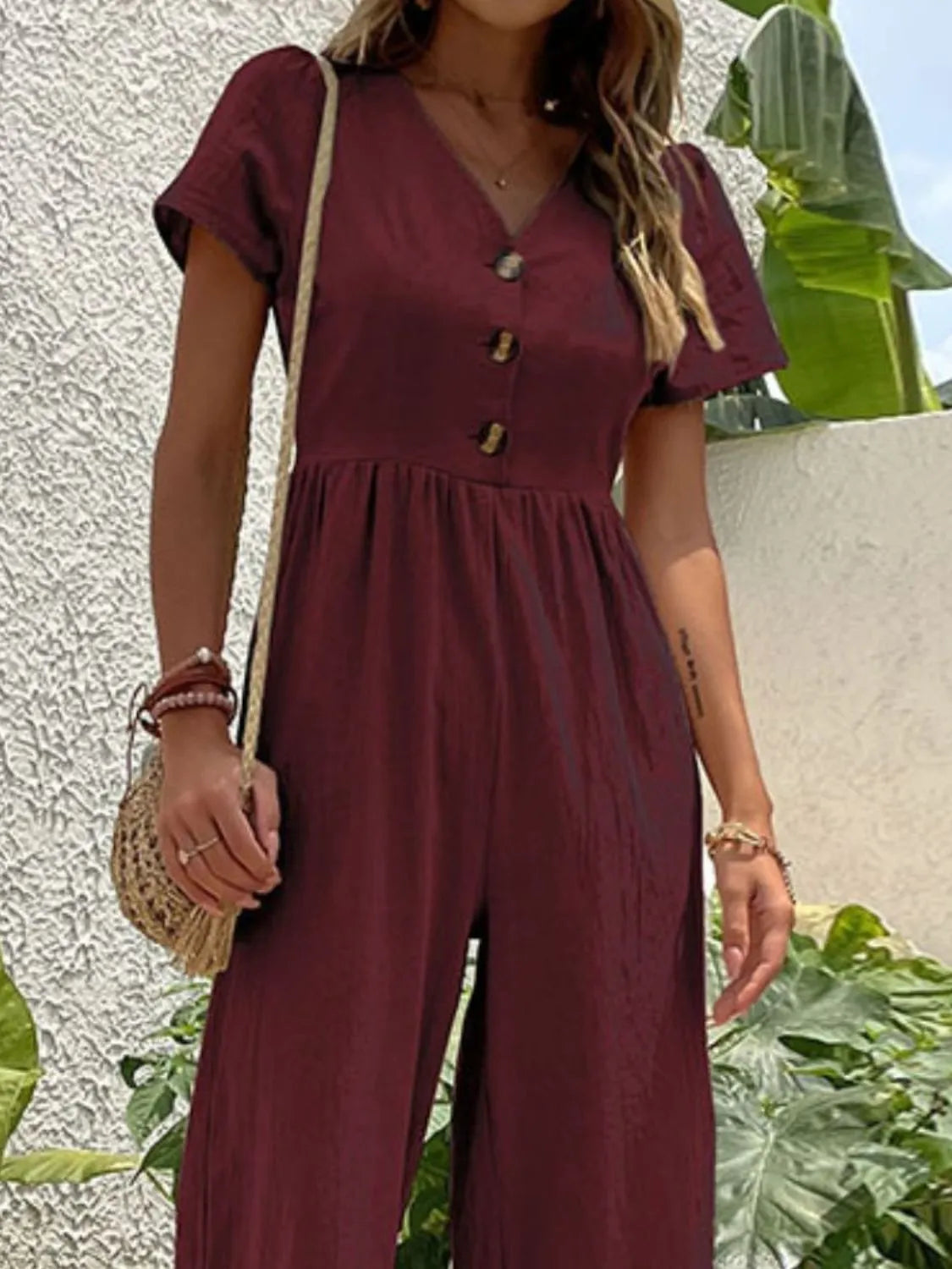 V-Neck Short Sleeve Wide Leg Jumpsuit - Lilixa.store