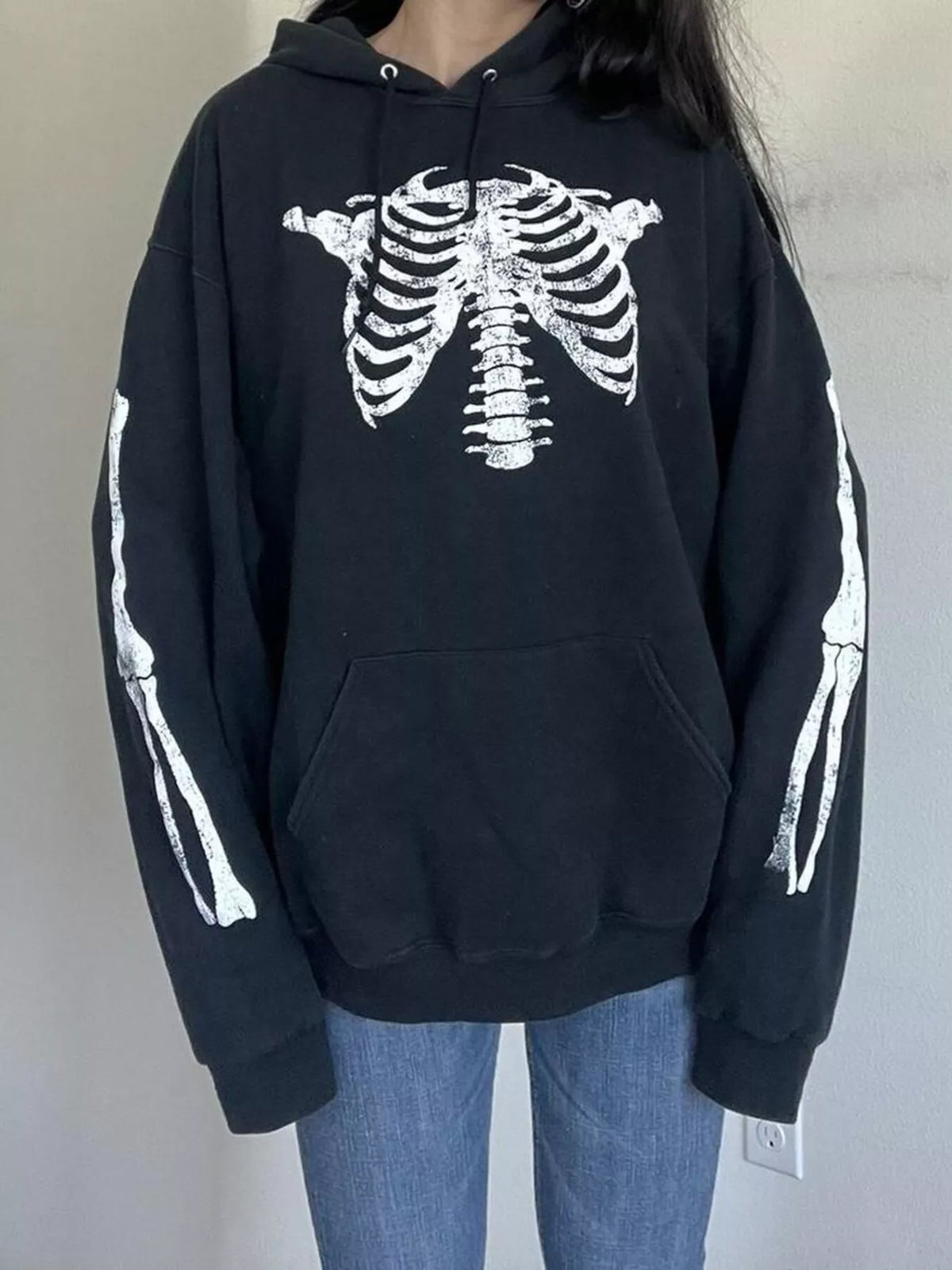 Drawstring Skeleton Long Sleeve Hoodie - Lilixa.store