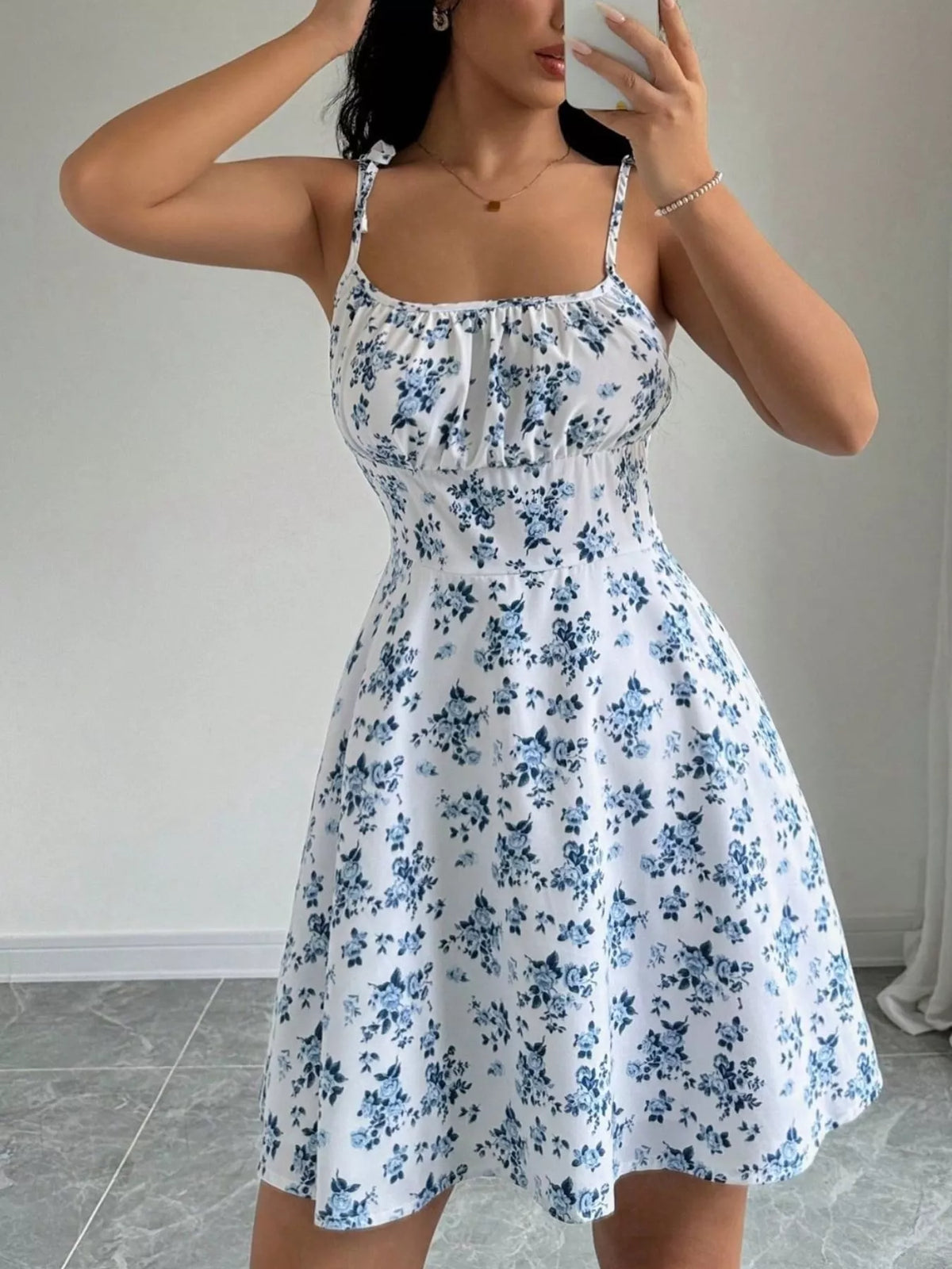 Floral Print Spaghetti Strap A-Line Mini Dress - Lilixa.store